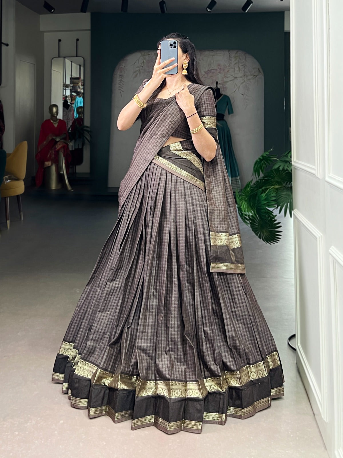 Gray Elegant Stitched Chettinad Cotton Lehenga with Checks & Zari Weaving – Traditional Festive Wear Set