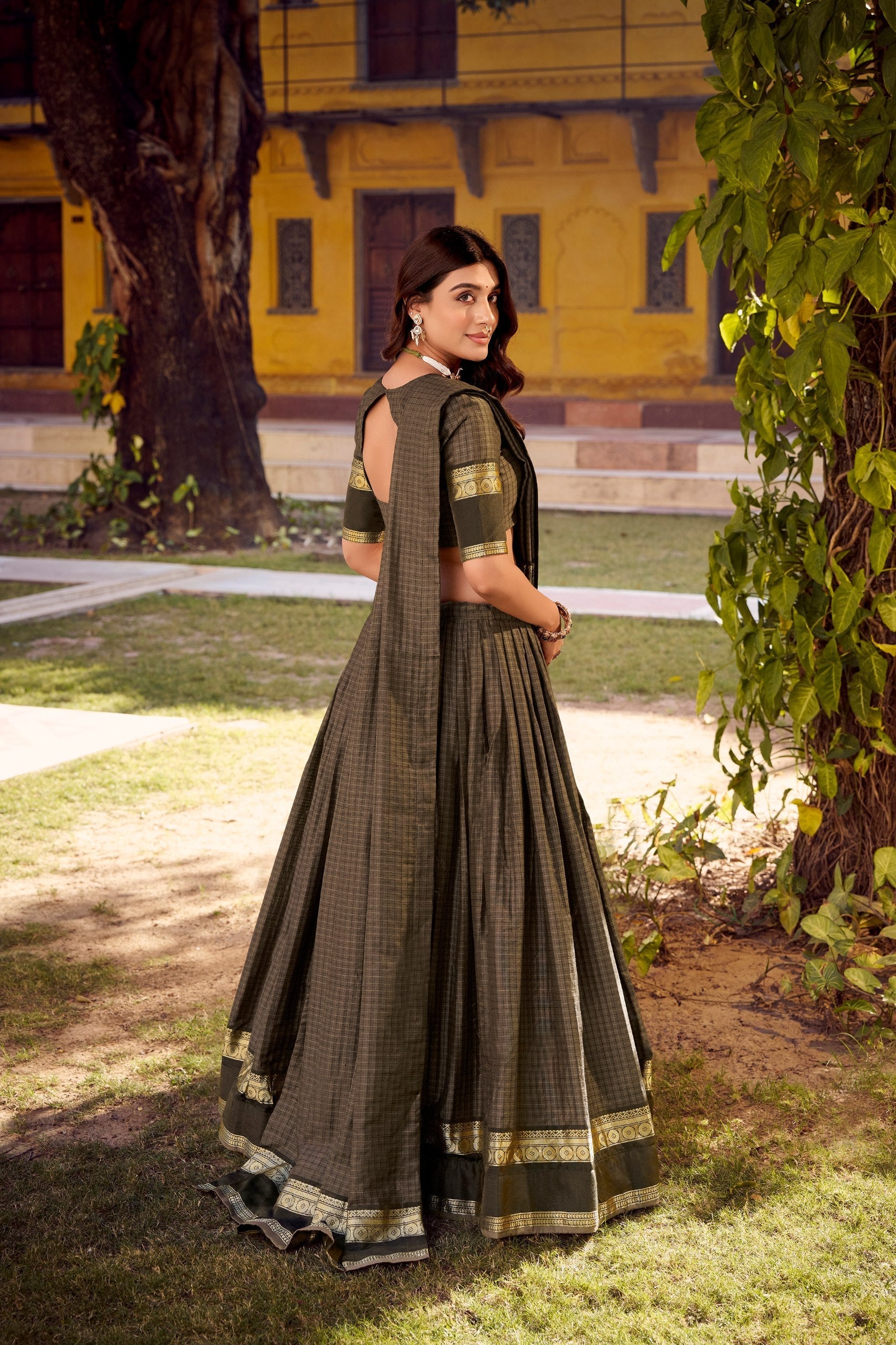 Gray Elegant Stitched Chettinad Cotton Lehenga with Checks & Zari Weaving – Traditional Festive Wear Set