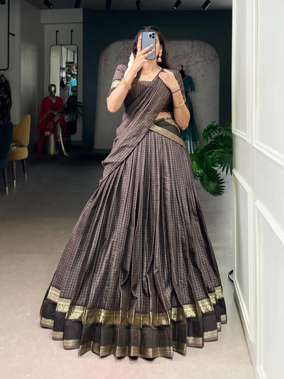 Gray Elegant Stitched Chettinad Cotton Lehenga with Checks & Zari Weaving – Traditional Festive Wear Set