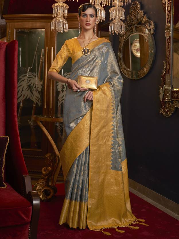 Gray Elegant Tanchoi Woven Banarasi Silk Blend Saree with Blouse Piece