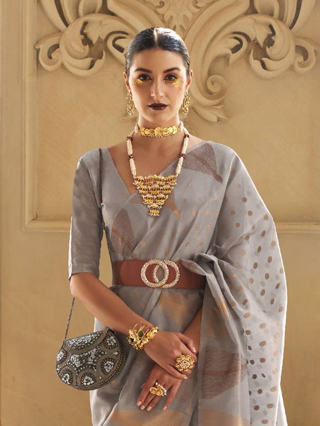 Gray Embroidered Banarasi Tissue Saree with Tassels