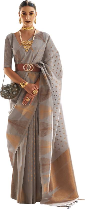 Gray Embroidered Banarasi Tissue Saree with Tassels