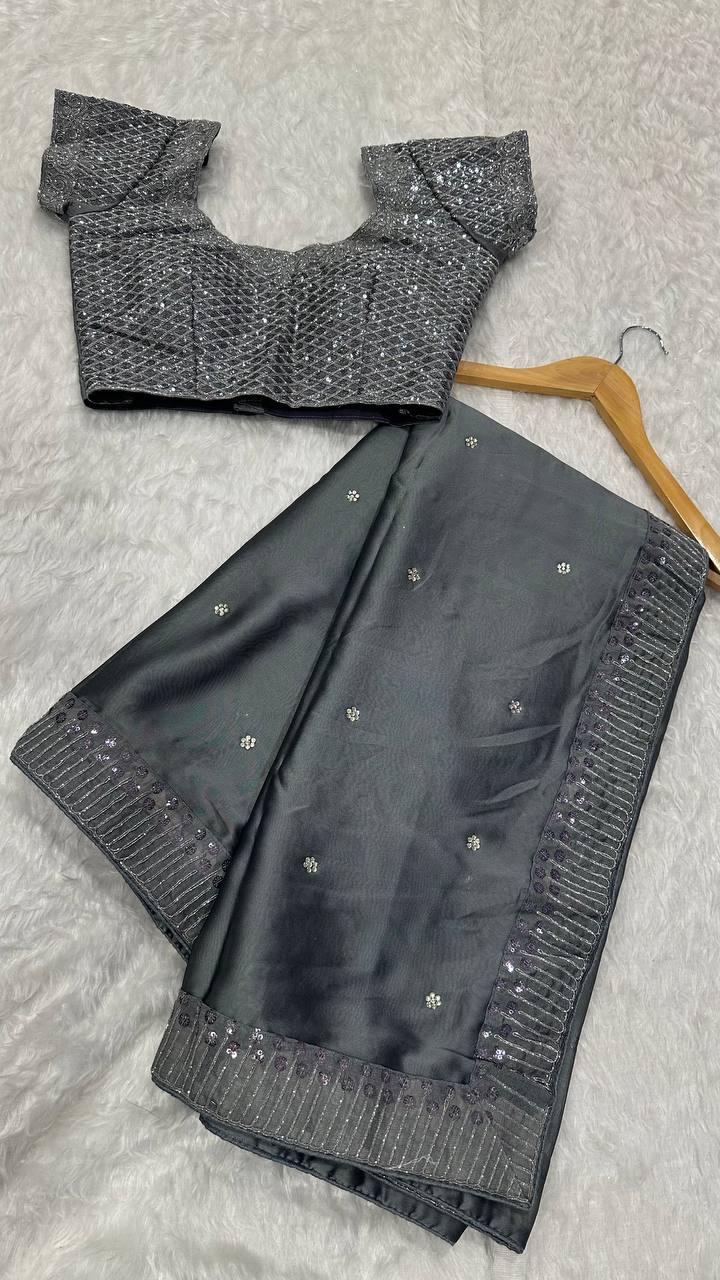 Gray Exclusive Designer Rangoli Silk Saree with Sequins & Stone Work