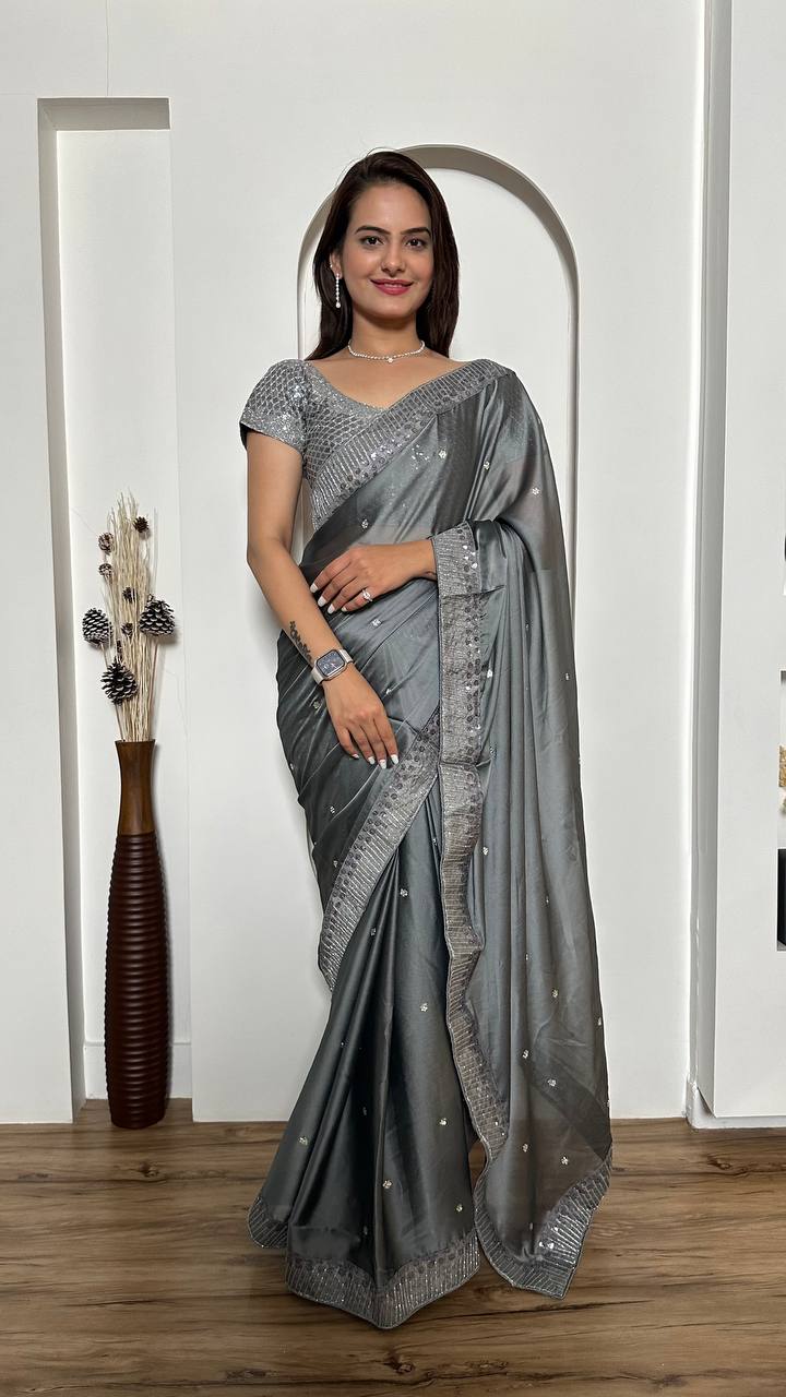 Gray Exclusive Designer Rangoli Silk Saree with Sequins & Stone Work