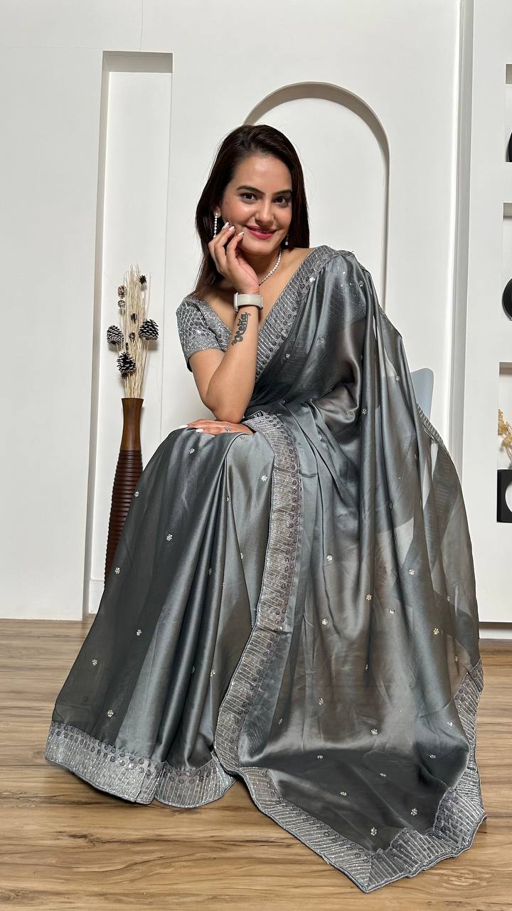 Gray Exclusive Designer Rangoli Silk Saree with Sequins & Stone Work
