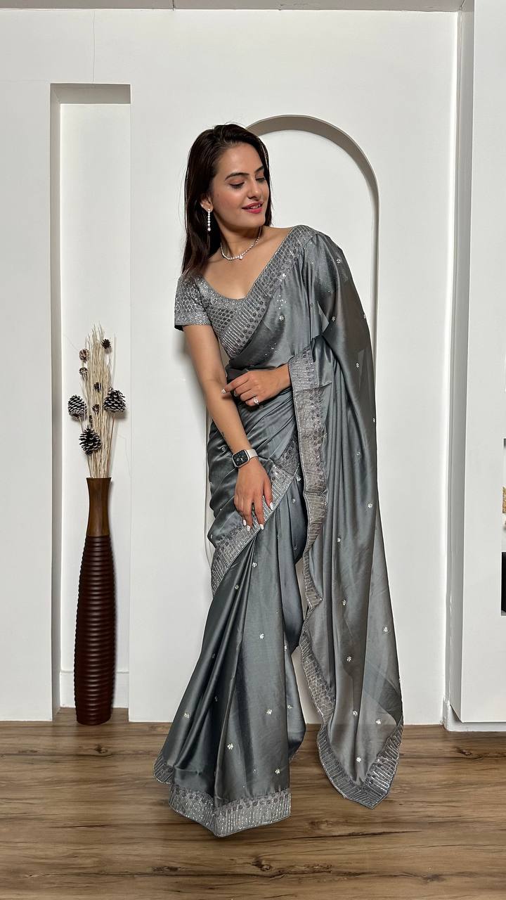 Gray Exclusive Designer Rangoli Silk Saree with Sequins & Stone Work