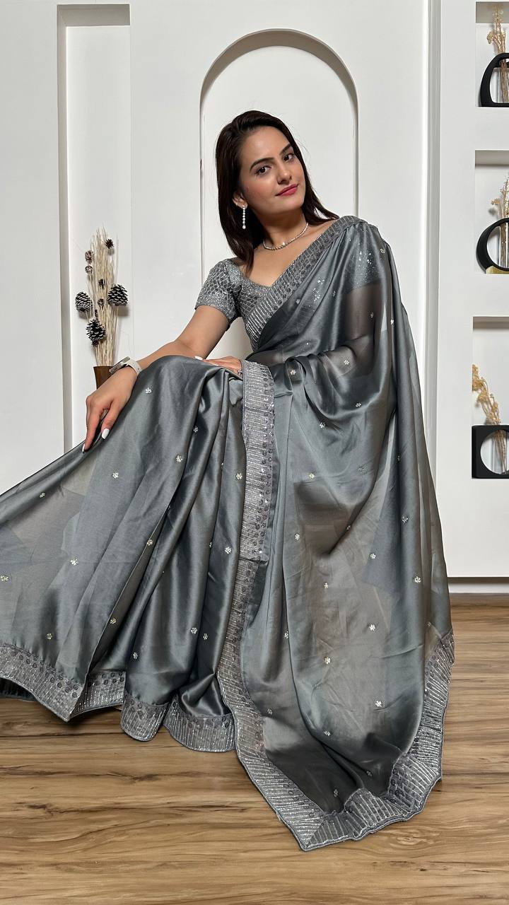 Gray Exclusive Designer Rangoli Silk Saree with Sequins & Stone Work