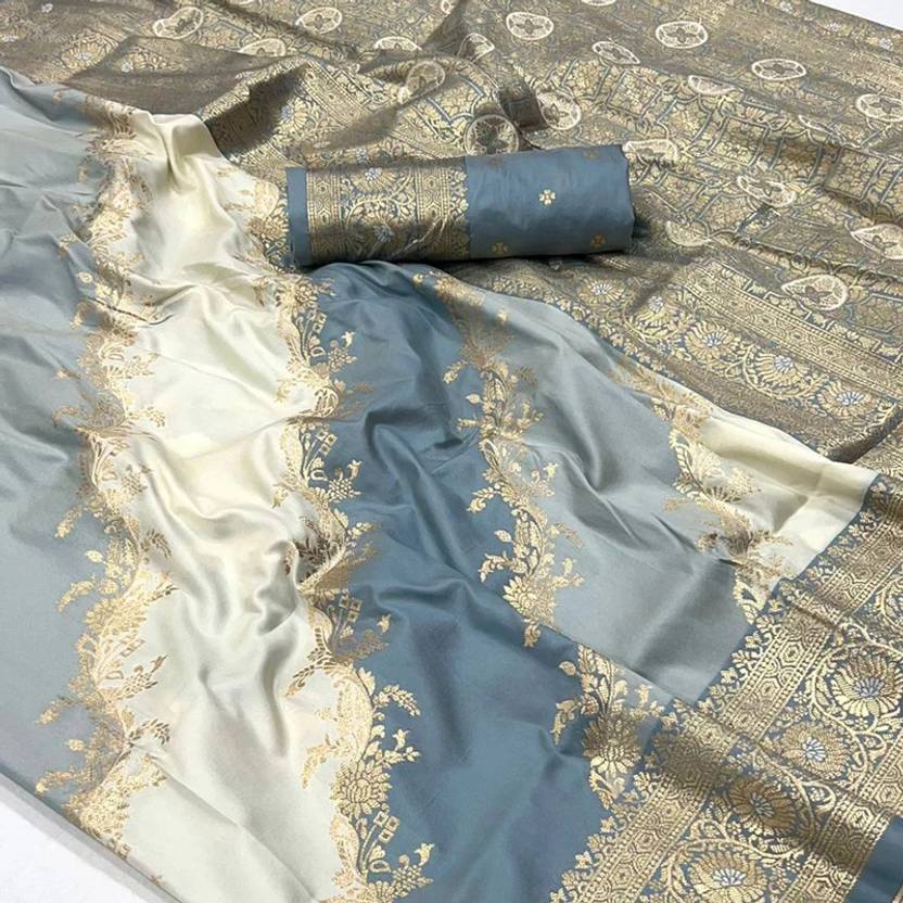 Gray Graceful Art Silk Printed Handloom Saree with Unstitched Blouse Piece
