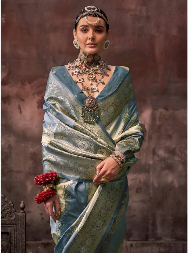 Gray Graceful Art Silk Printed Handloom Saree with Unstitched Blouse Piece