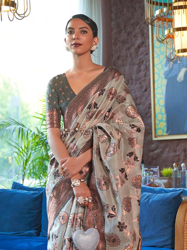 Gray Graceful Bollywood Style Organza Saree with Unstitched Blouse Piece