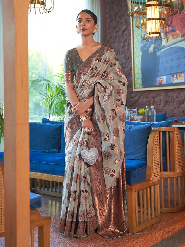 Gray Graceful Bollywood Style Organza Saree with Unstitched Blouse Piece