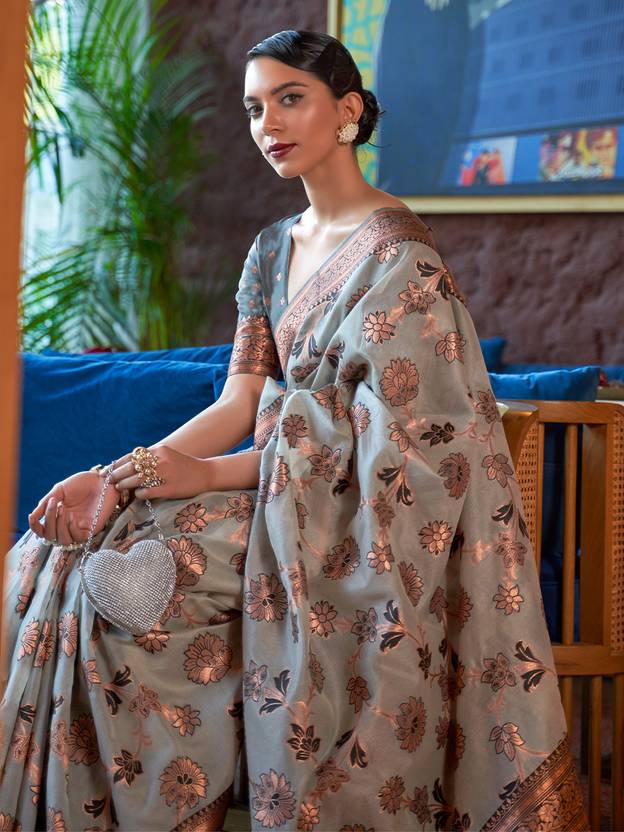 Gray Graceful Bollywood Style Organza Saree with Unstitched Blouse Piece