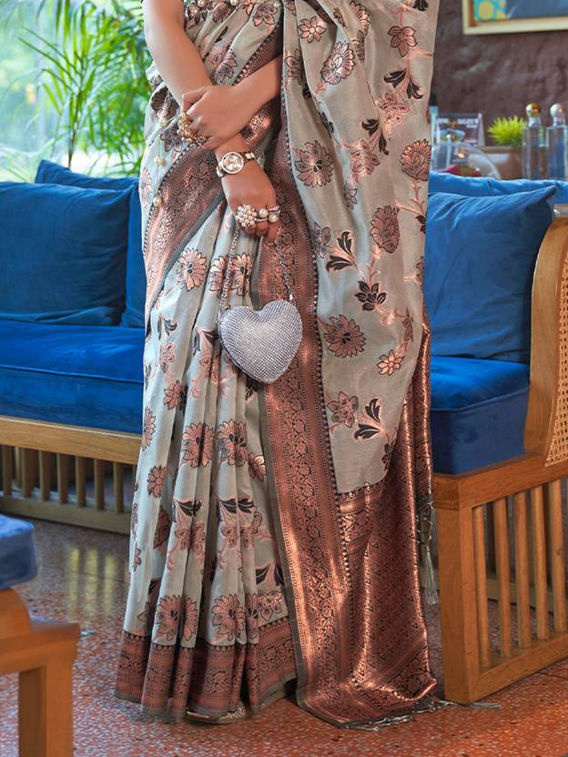 Gray Graceful Bollywood Style Organza Saree with Unstitched Blouse Piece