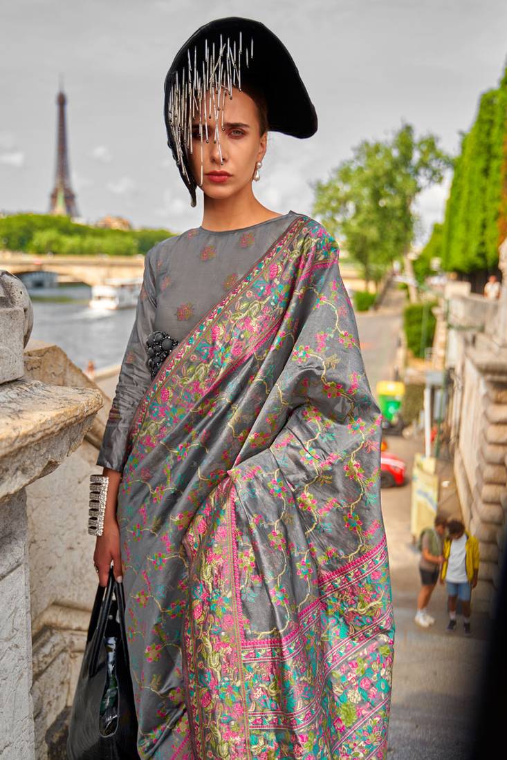Gray Graceful Organza Silk Parsi Handloom Weaving Saree with Blouse Piece