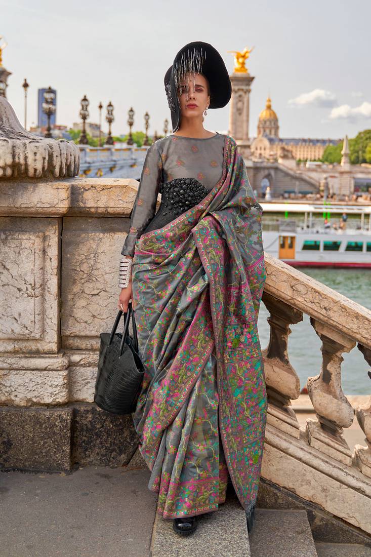 Gray Graceful Organza Silk Parsi Handloom Weaving Saree with Blouse Piece