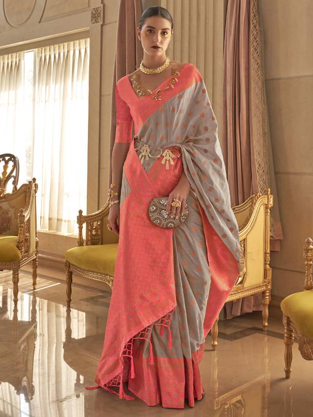 Gray Graceful Woven Banarasi Silk Blend Saree with Tassel Detailing