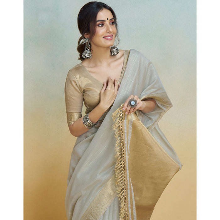 Gray Graceful Woven Handloom Pure Cotton Saree with Chanderi Cotton