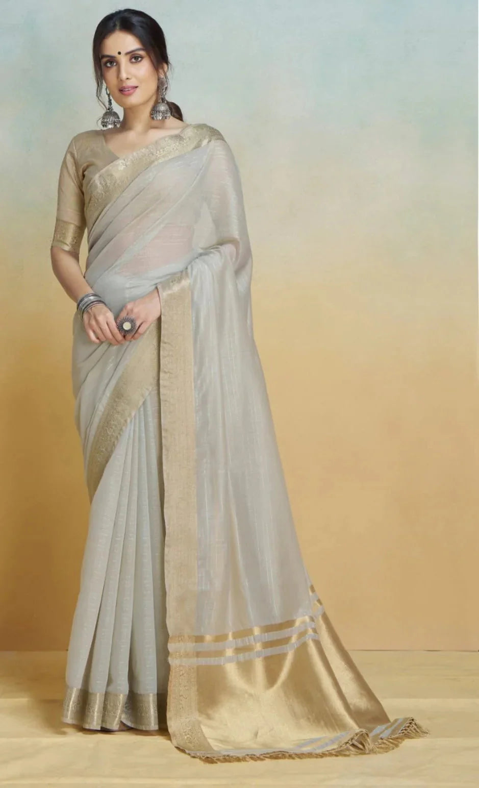 Gray Graceful Woven Handloom Pure Cotton Saree with Chanderi Cotton