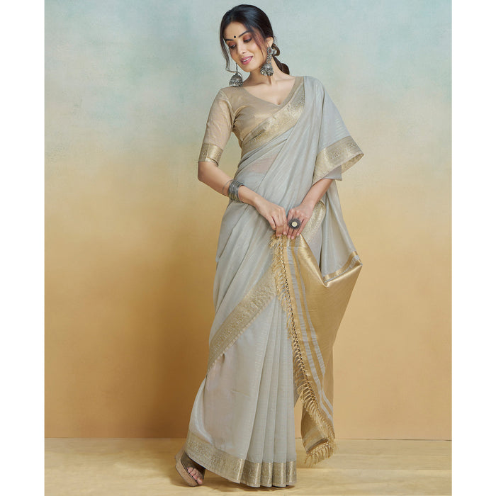 Gray Graceful Woven Handloom Pure Cotton Saree with Chanderi Cotton