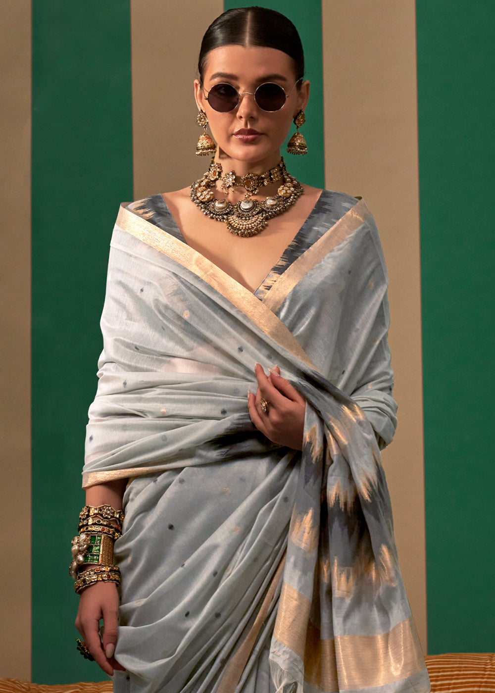 Gray Lustrous Spun Silk Saree with Cotton Blend