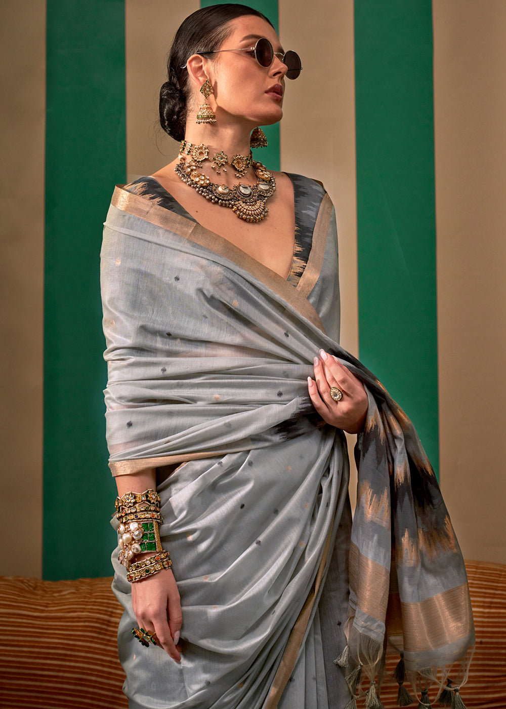 Gray Lustrous Spun Silk Saree with Cotton Blend
