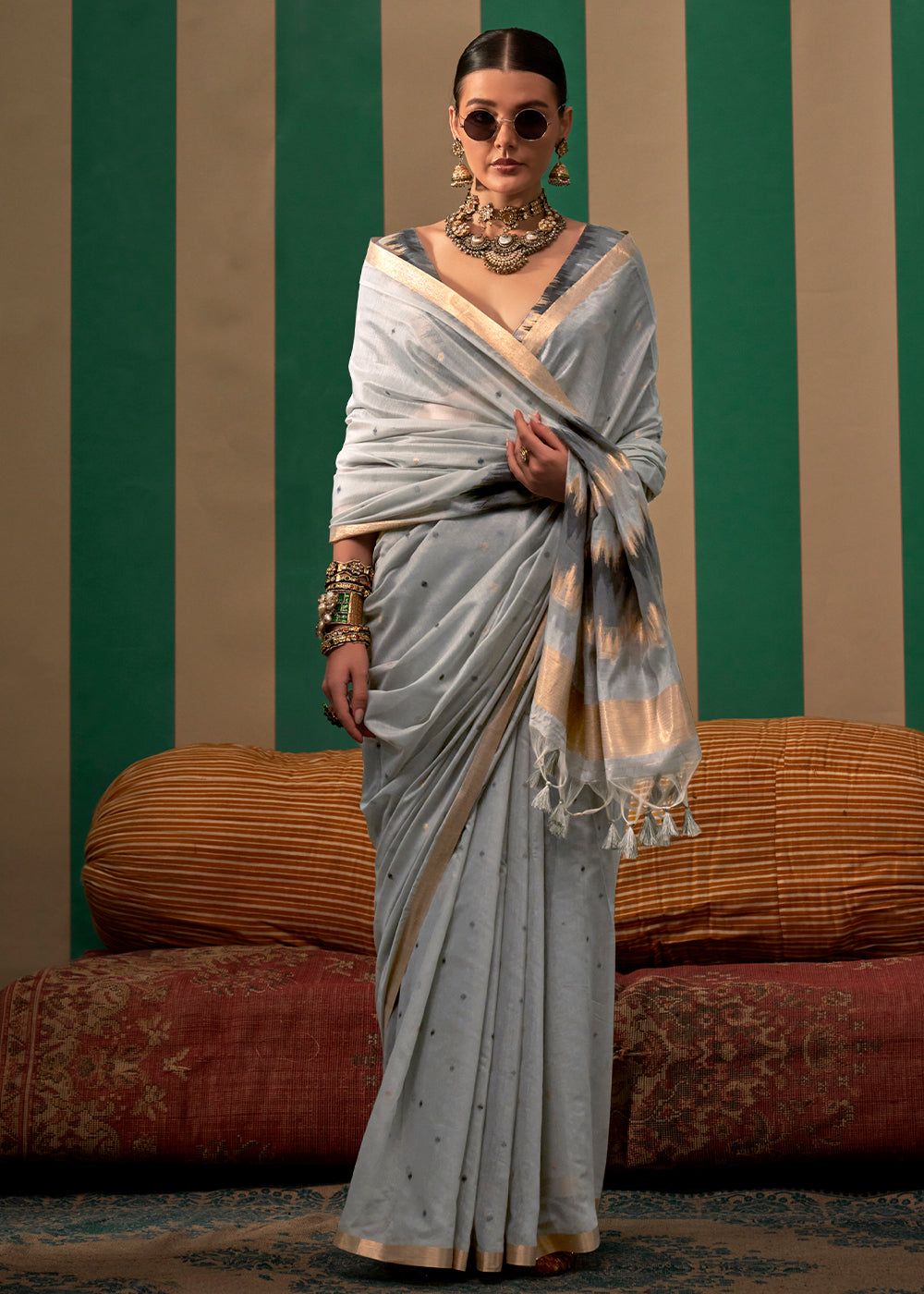 Gray Lustrous Spun Silk Saree with Cotton Blend