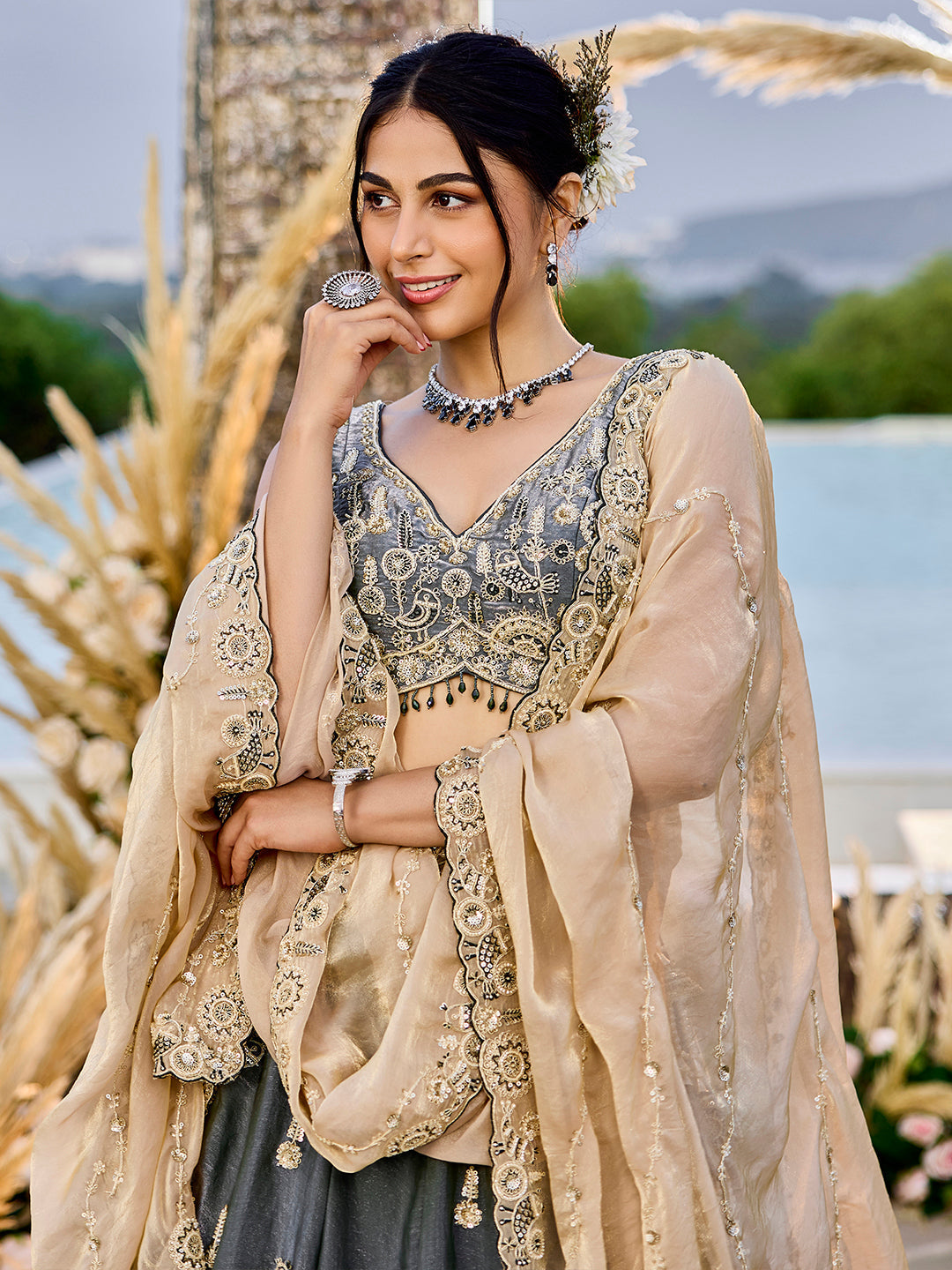Gray Luxury Satin Silk Beads & Sequin Embroidery Work Lehenga Choli with Dupatta – 4.2 Meter Grand Flair, Fully Stitched