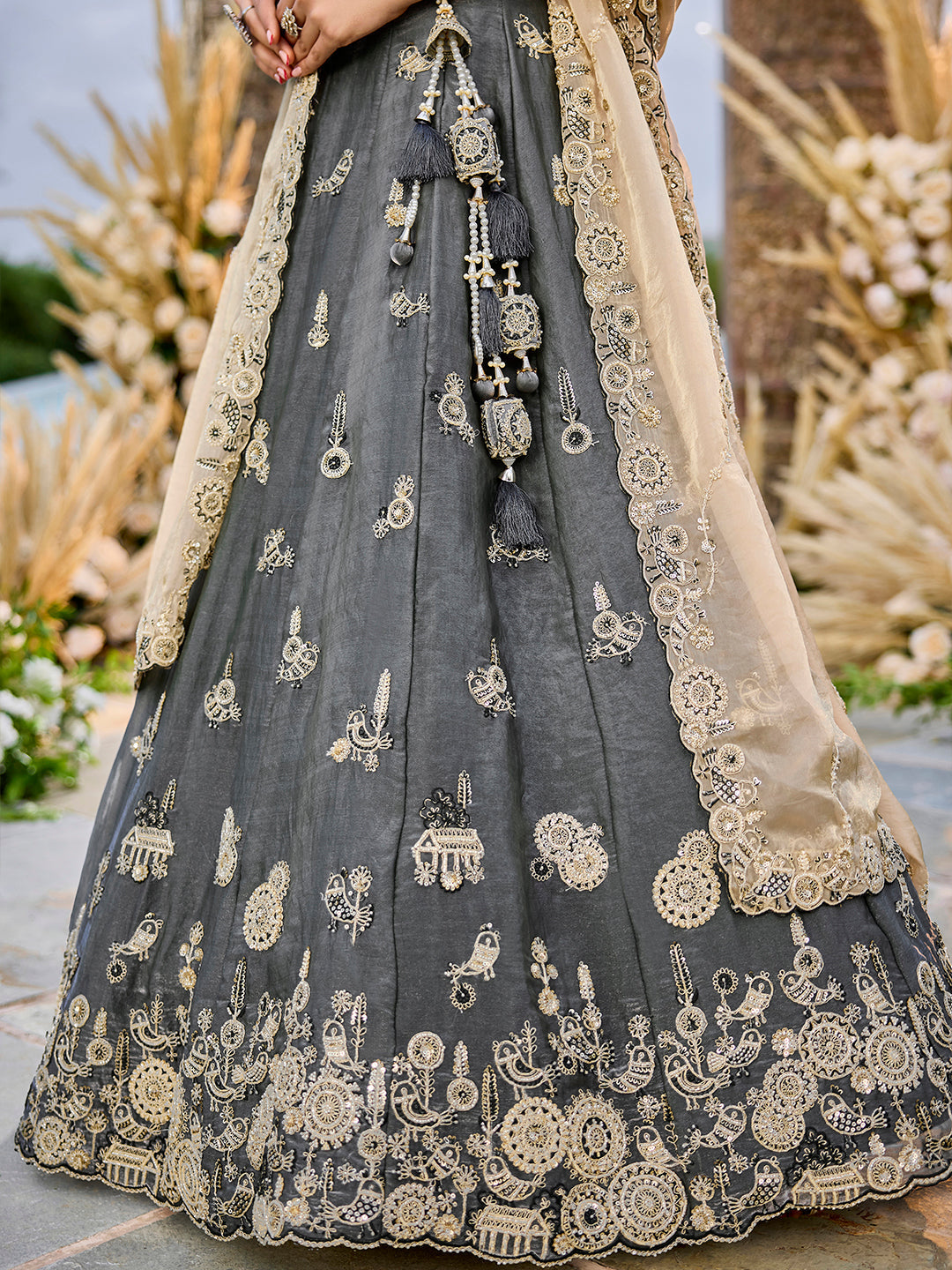 Gray Luxury Satin Silk Beads & Sequin Embroidery Work Lehenga Choli with Dupatta – 4.2 Meter Grand Flair, Fully Stitched