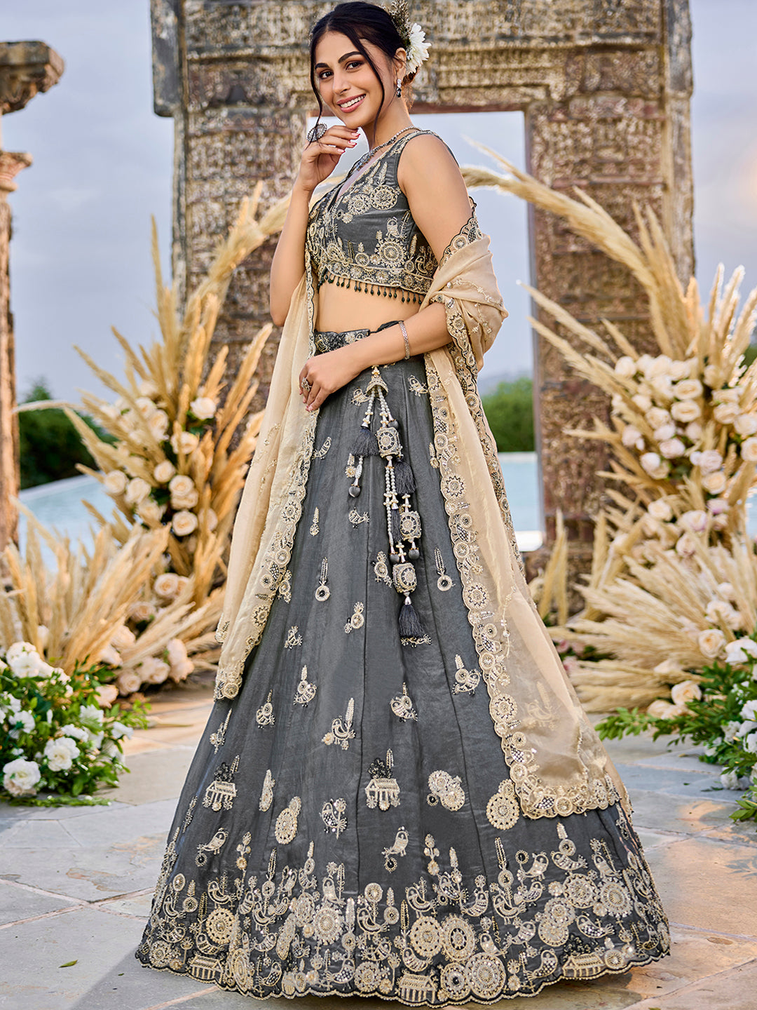 Gray Luxury Satin Silk Beads & Sequin Embroidery Work Lehenga Choli with Dupatta – 4.2 Meter Grand Flair, Fully Stitched