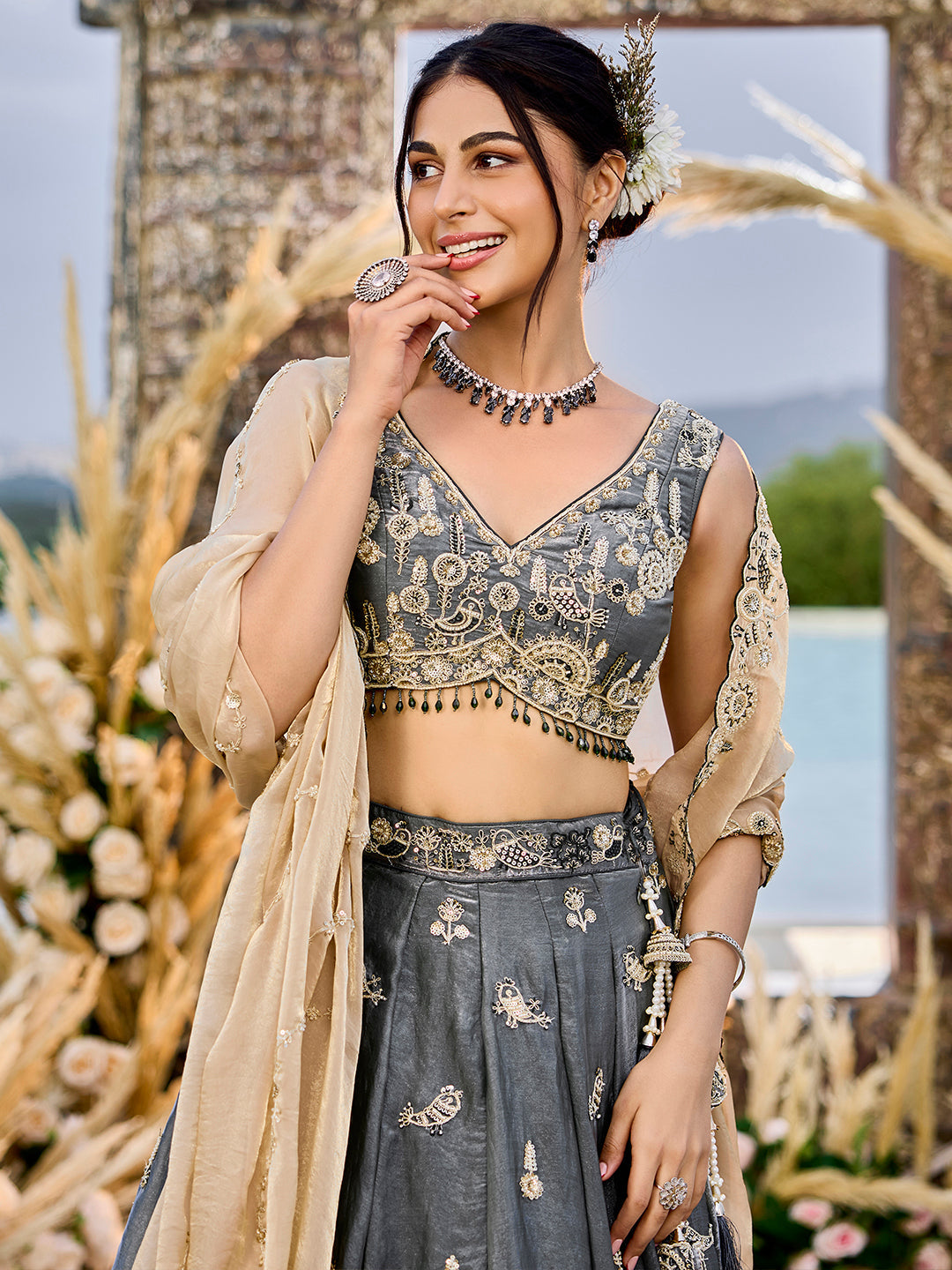 Gray Luxury Satin Silk Beads & Sequin Embroidery Work Lehenga Choli with Dupatta – 4.2 Meter Grand Flair, Fully Stitched