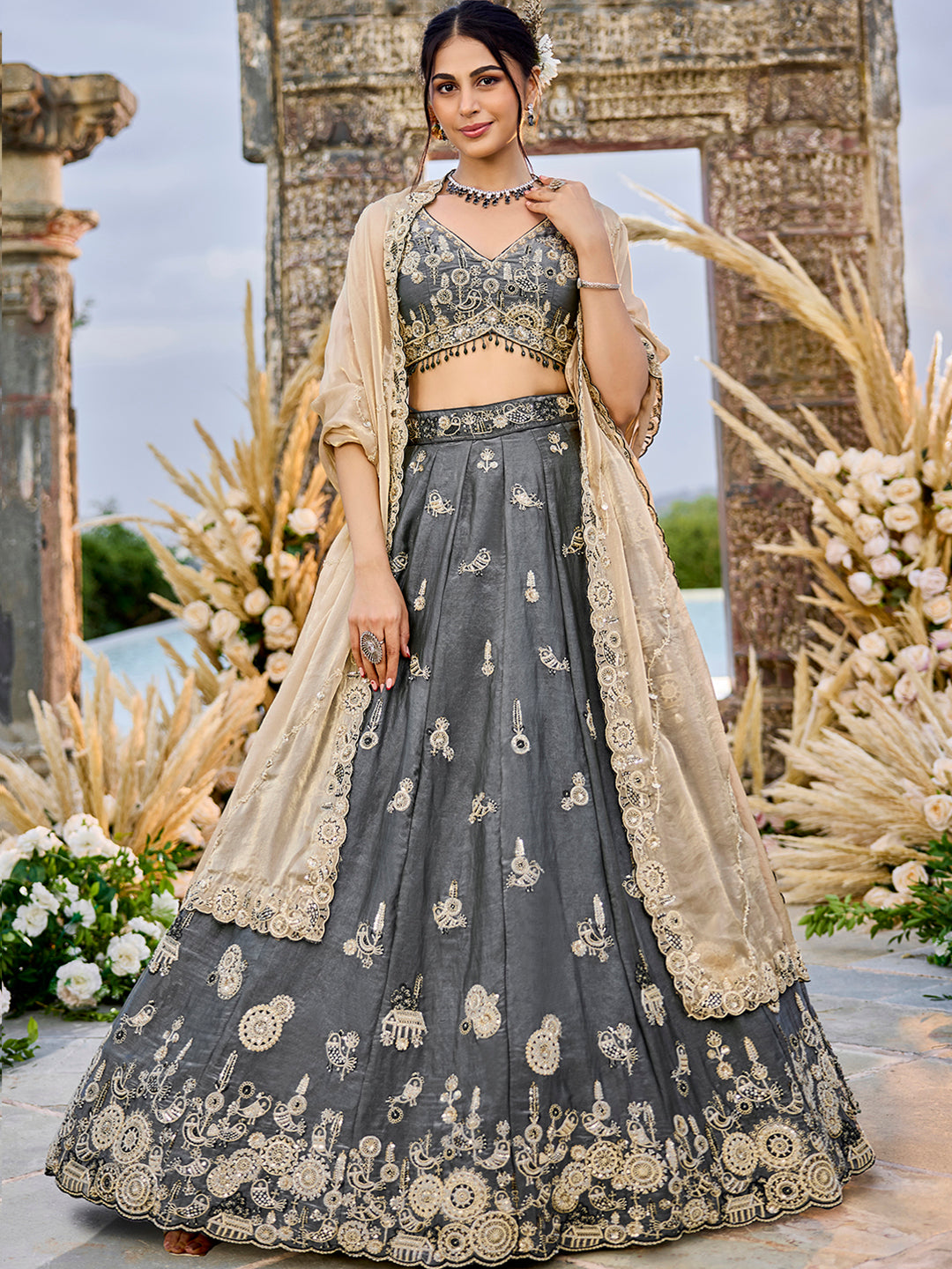 Gray Luxury Satin Silk Beads & Sequin Embroidery Work Lehenga Choli with Dupatta – 4.2 Meter Grand Flair, Fully Stitched