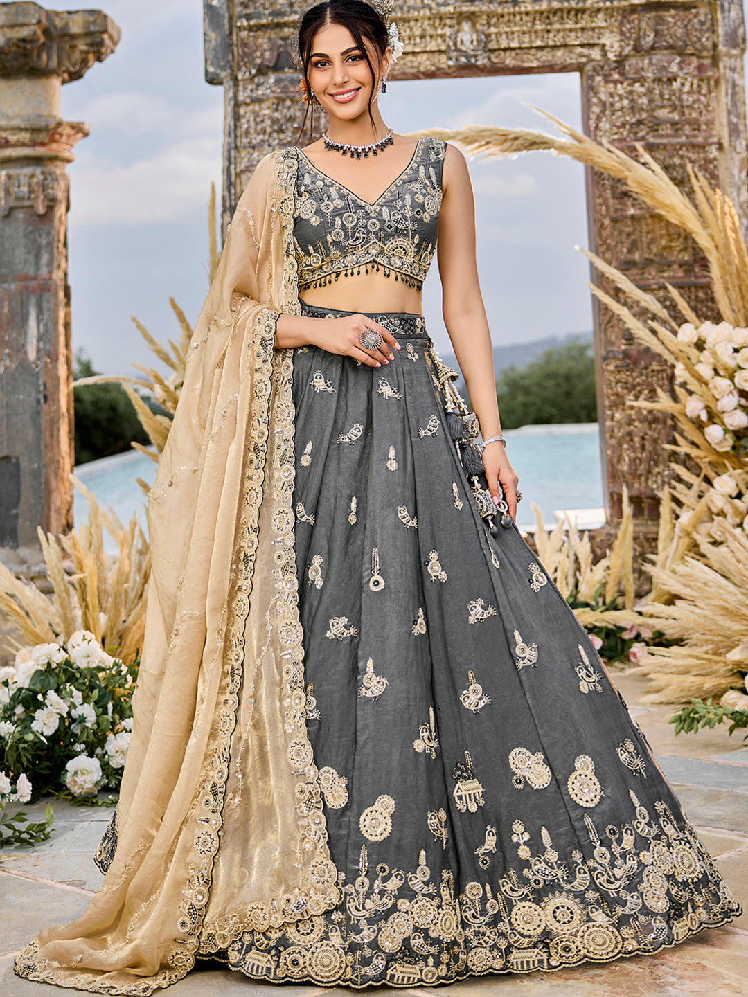 Gray Luxury Satin Silk Beads & Sequin Embroidery Work Lehenga Choli with Dupatta – 4.2 Meter Grand Flair, Fully Stitched