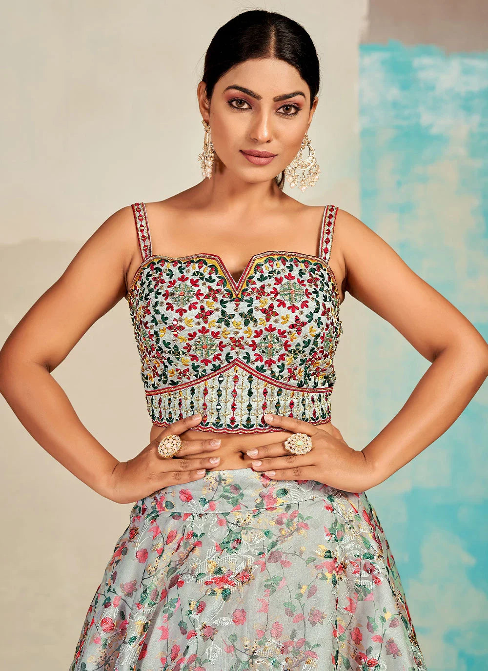 Gray Organza Floral Lehenga Choli for Womens For Indian Festival & Weddings - Print Work, Mirror Work, Thread Embroidery Work