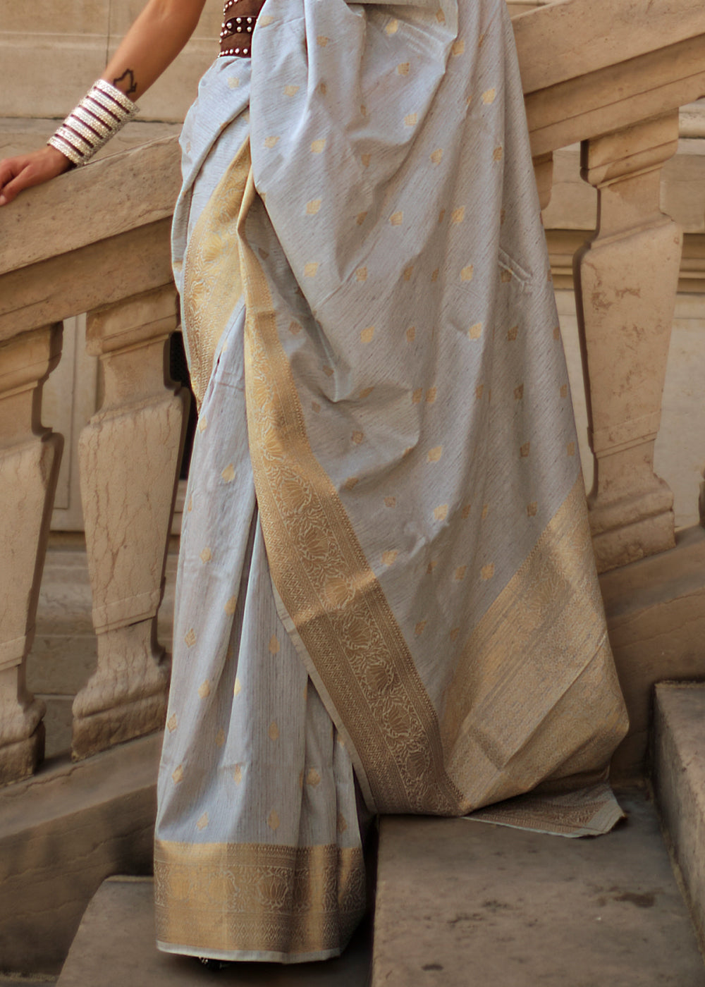 Gray Regal Banarasi Blended Silk Saree with Intricate Timeless Design & Unstitched Blouse
