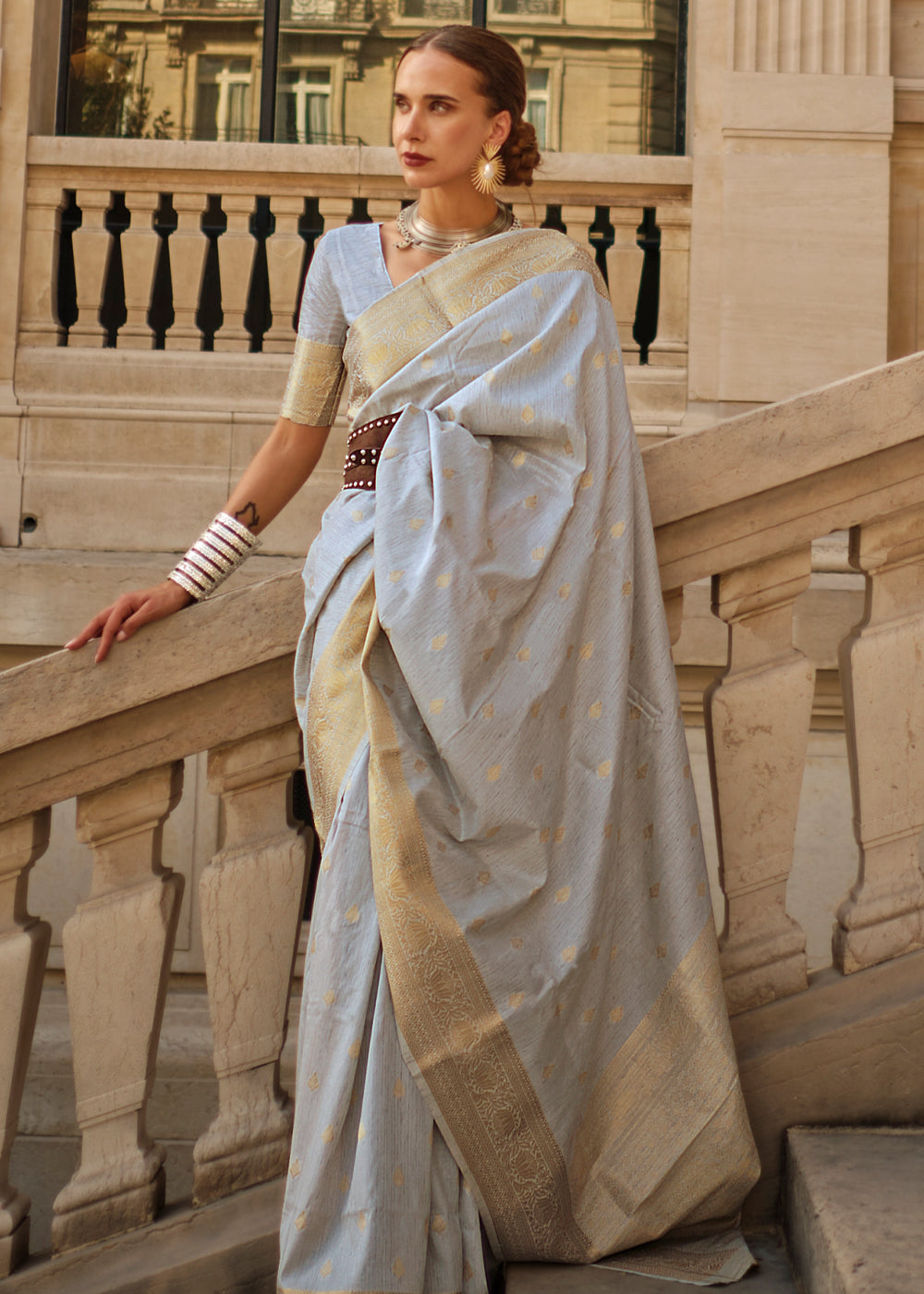 Gray Regal Banarasi Blended Silk Saree with Intricate Timeless Design & Unstitched Blouse