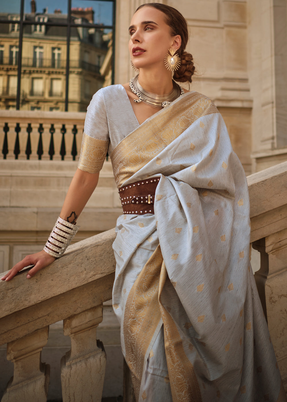 Gray Regal Banarasi Blended Silk Saree with Intricate Timeless Design & Unstitched Blouse