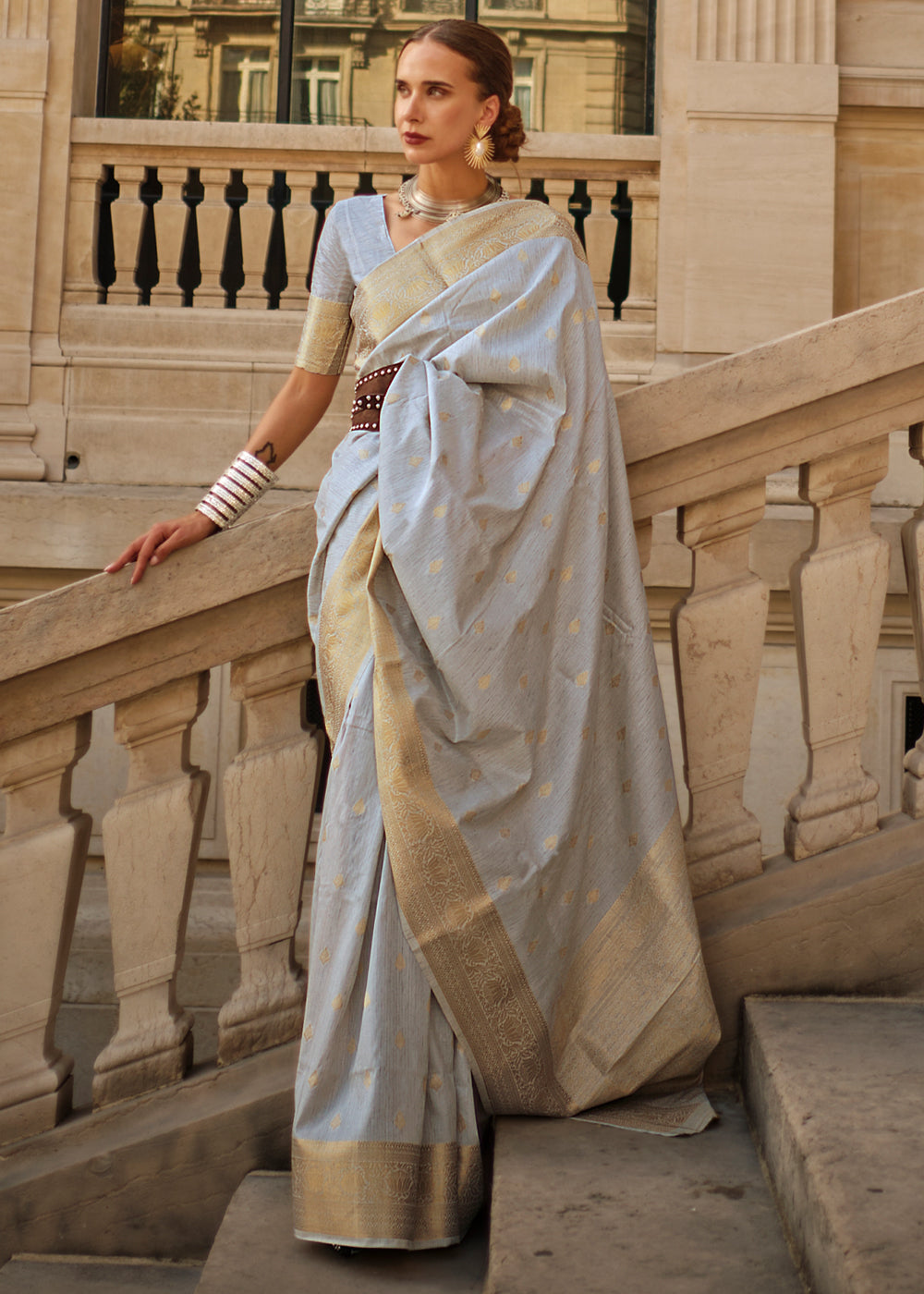 Gray Regal Banarasi Blended Silk Saree with Intricate Timeless Design & Unstitched Blouse