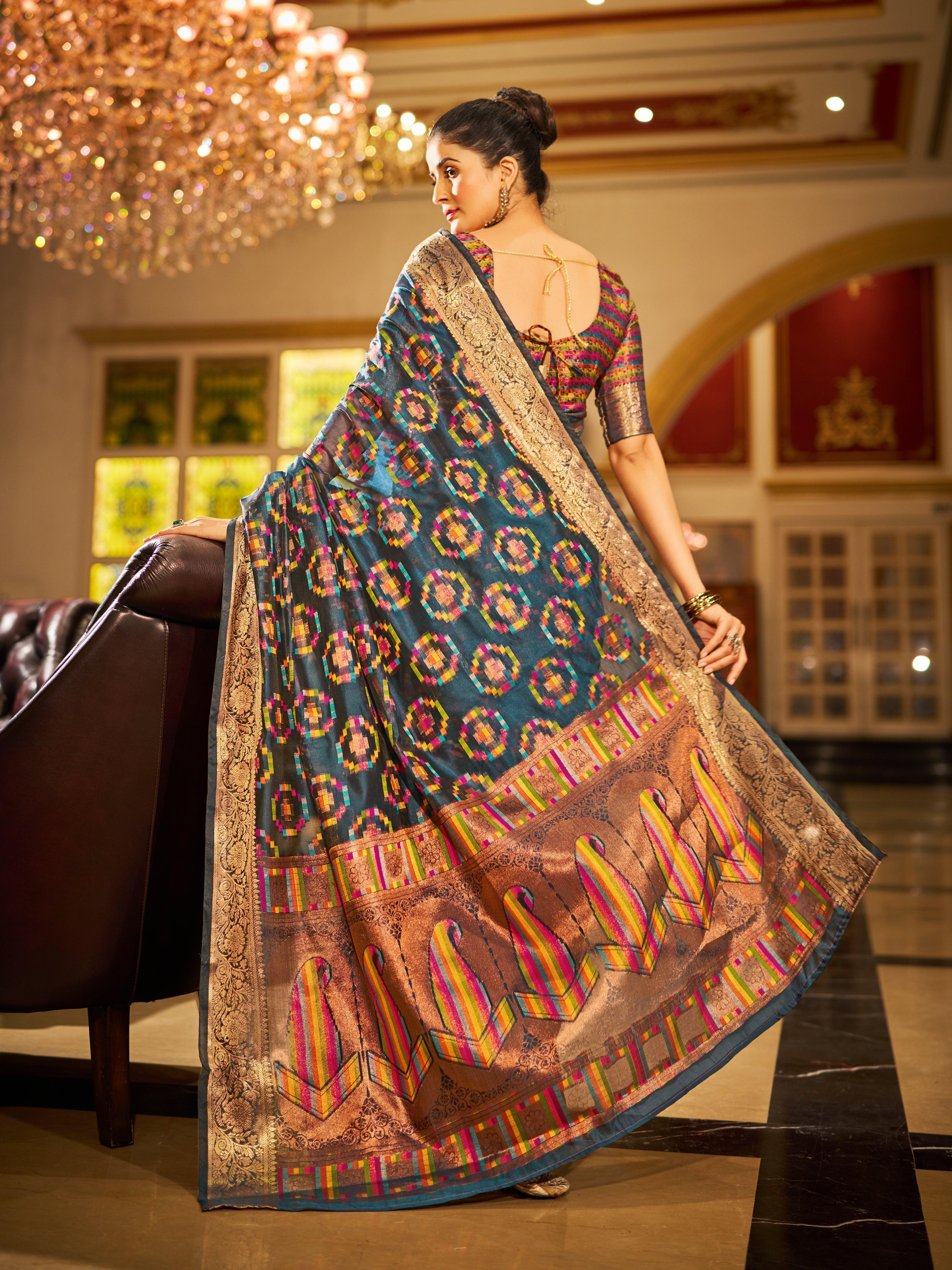 Gray Regal Kanjeevaram Organza Saree with Zari Woven Border