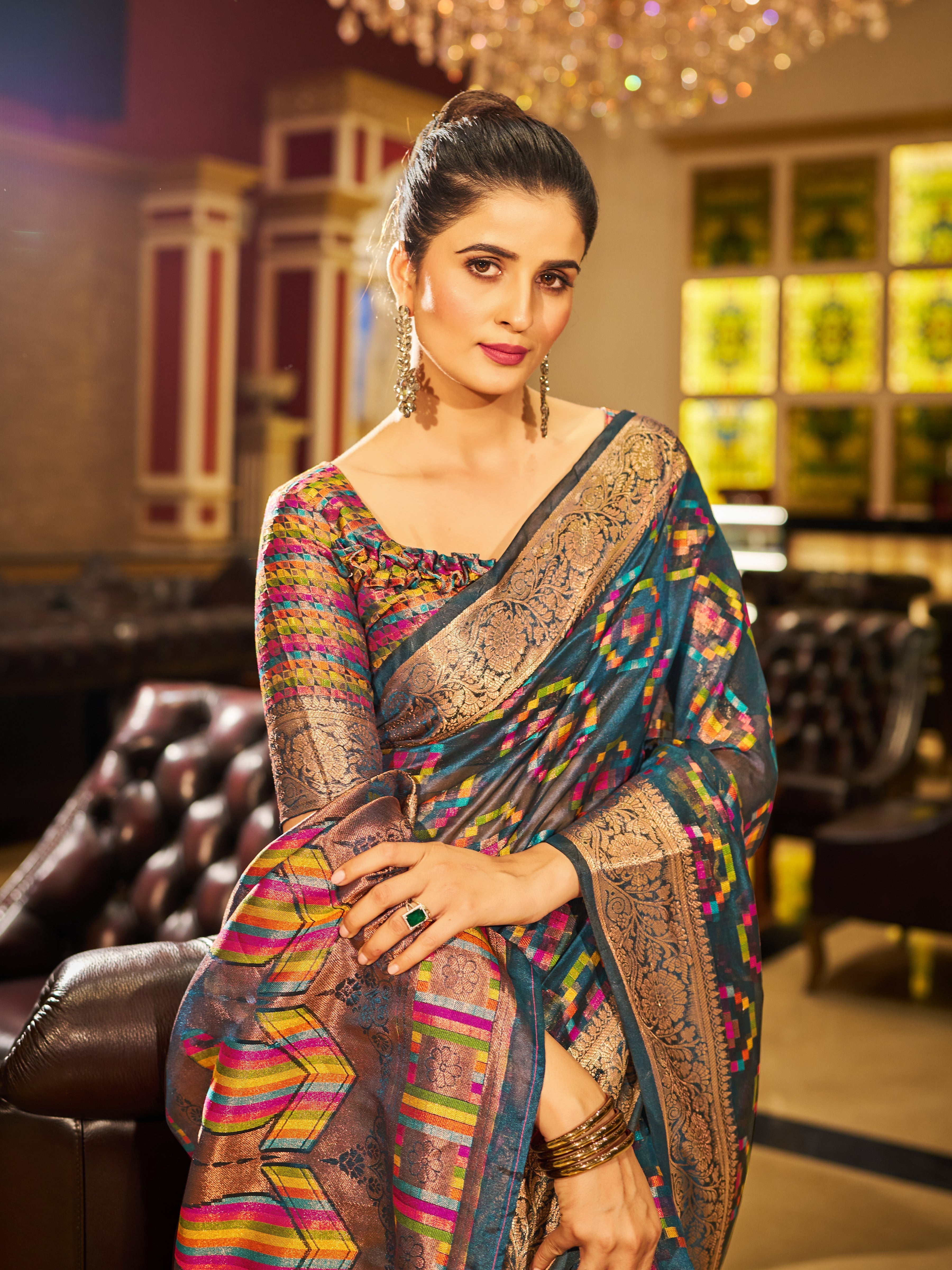 Gray Regal Kanjeevaram Organza Saree with Zari Woven Border