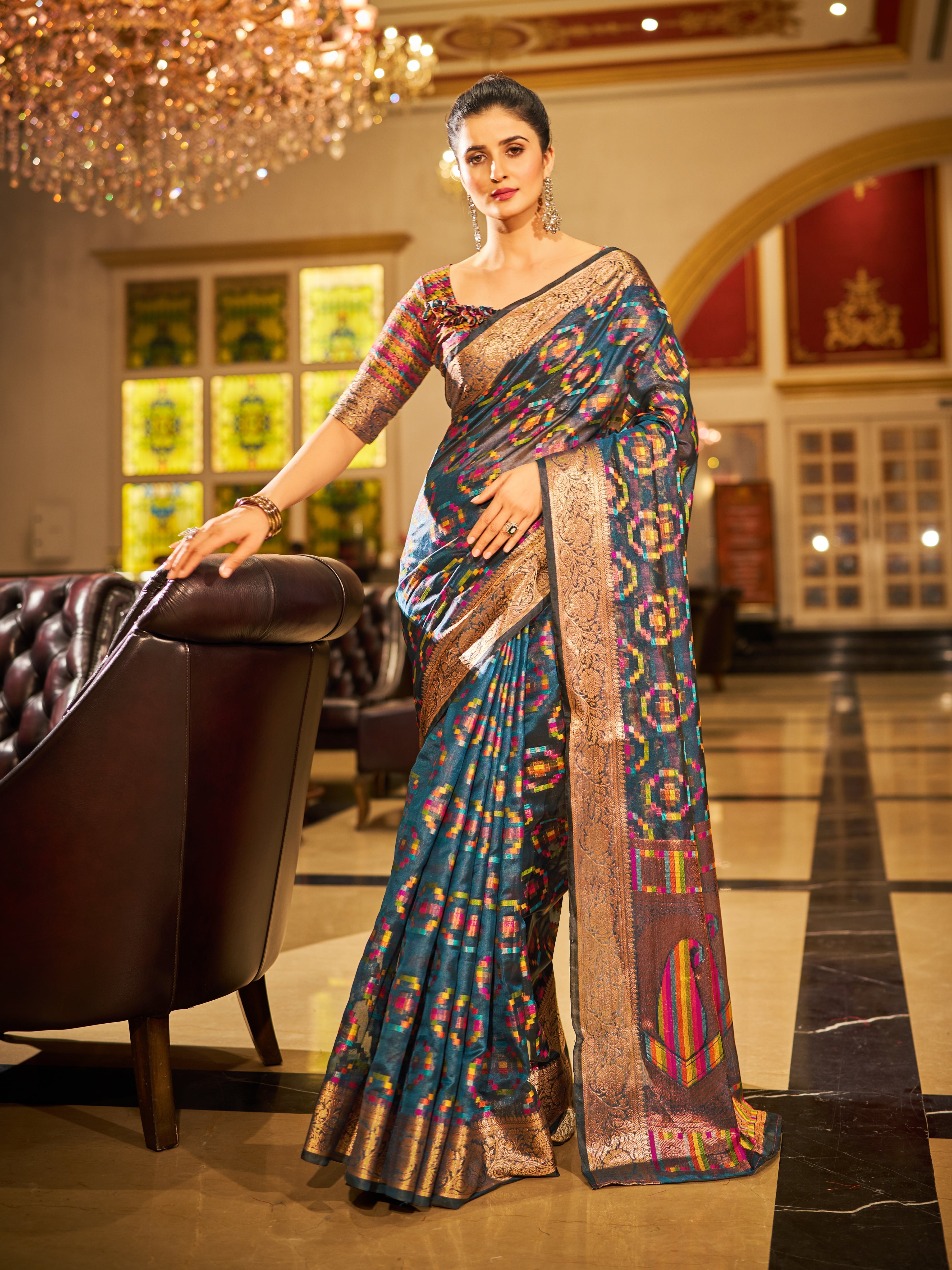 Gray Regal Kanjeevaram Organza Saree with Zari Woven Border