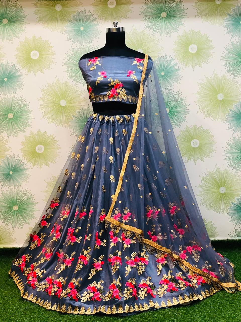 Gray Royal Heavy Net Embroidered Lehenga Set – Zari & Thread Work