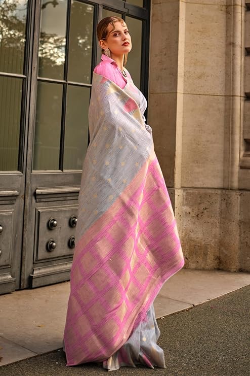 Gray Women's Banarasi Silk Blend Saree with Unstitched Blouse Piece