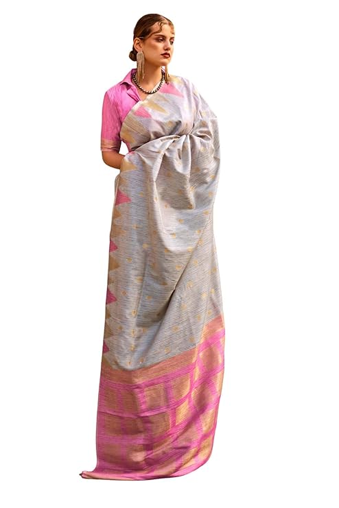 Gray Women's Banarasi Silk Blend Saree with Unstitched Blouse Piece