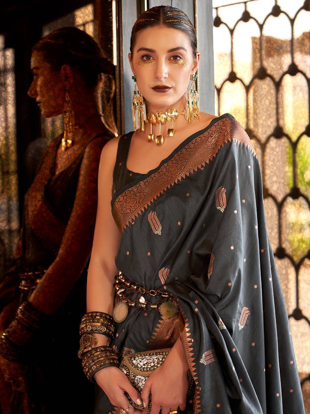 Gray Stunning Bollywood Style Tussar Silk Saree