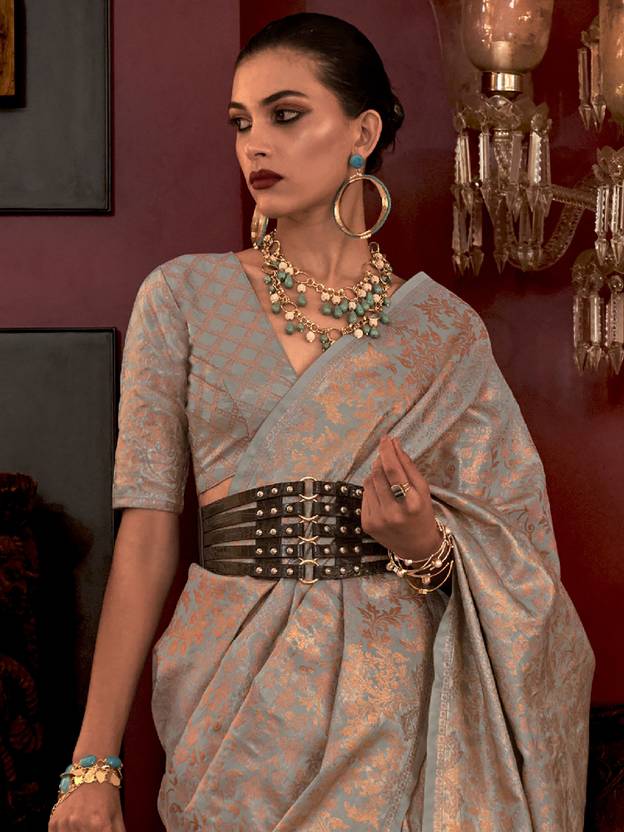 Gray Stylish Party Wear Saree with Unstitched Blouse Piece