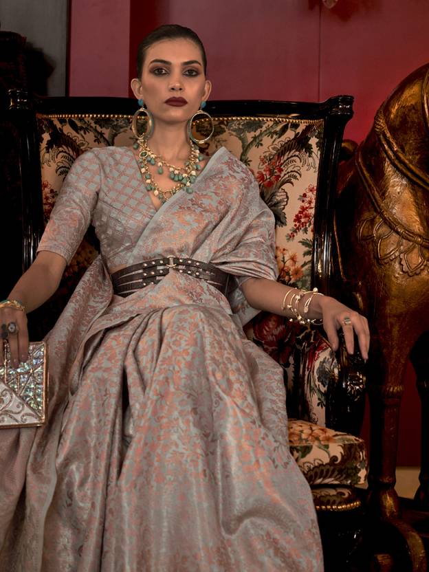 Gray Stylish Party Wear Saree with Unstitched Blouse Piece
