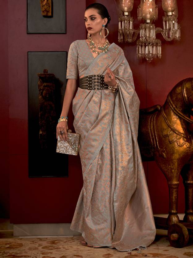 Gray Stylish Party Wear Saree with Unstitched Blouse Piece