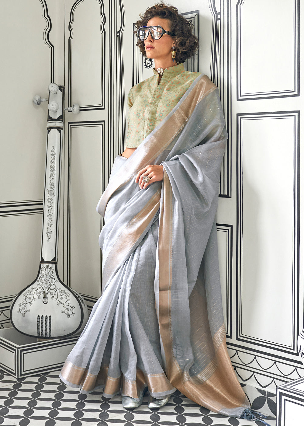 Gray Timeless Elegance Moss Chiffon Silk Saree – Grand & Bestselling Design