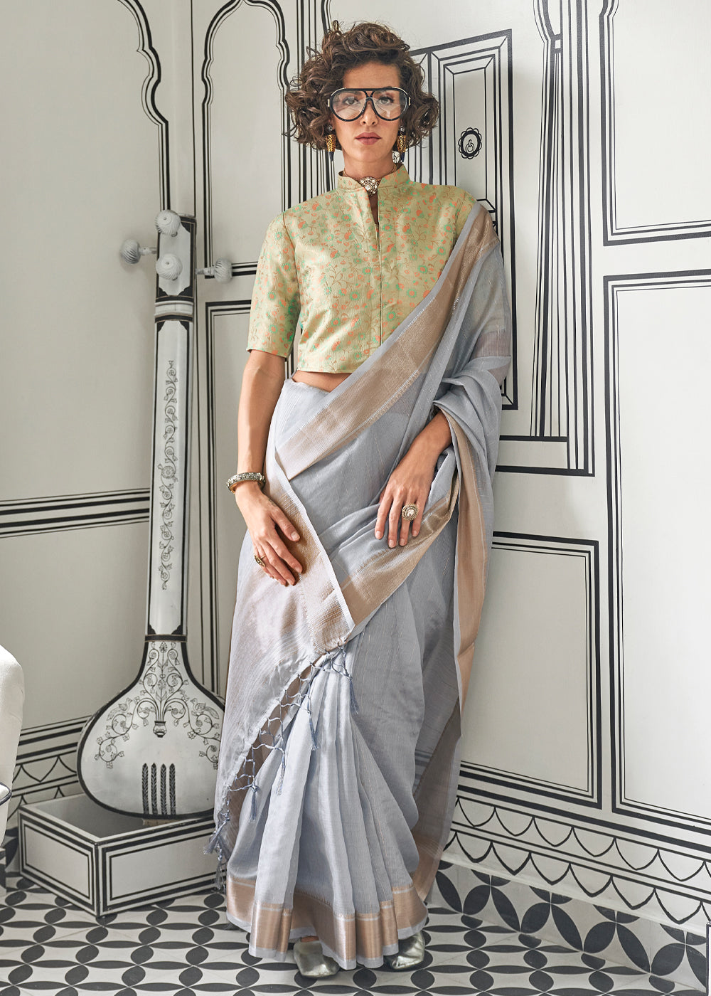 Gray Timeless Elegance Moss Chiffon Silk Saree – Grand & Bestselling Design