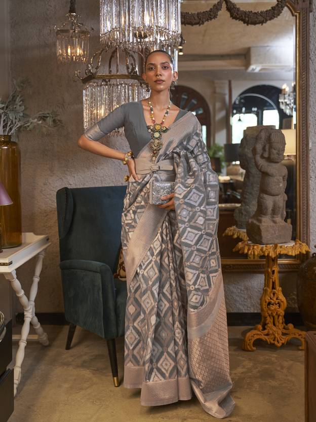 Gray Traditional Linen Banarasi Saree with Unstitched Blouse Piece